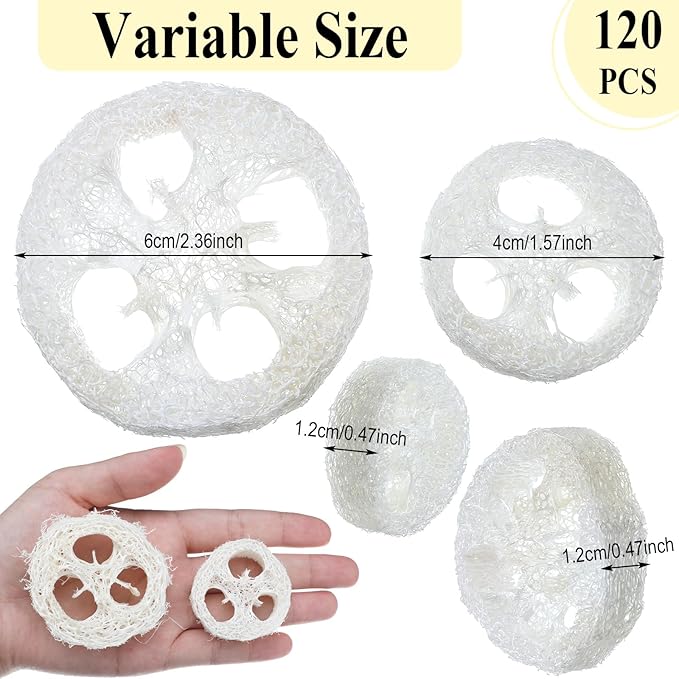 Bokon 120 Pcs Natural Loofah Slices for Soap Making Bulk Reusable Natural Loofah Sponge Organic Exfoliating Bath Shower Luffa Small Scrubber, Bright White