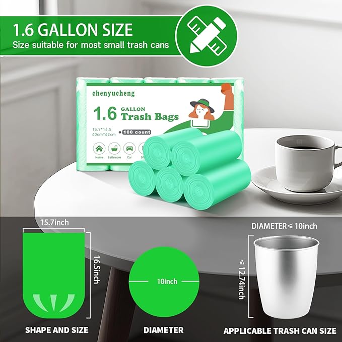 1.6 Gallon Mini Trash-Bags For Bathroom Compostable - Green Small Garbage Bags（Fit 1.3-1.5Gal）Biodegradable 100 Count 6 Liter Unscented Tiny Waste Basket Liners Kitchen Office Car Thick Chenyucheng