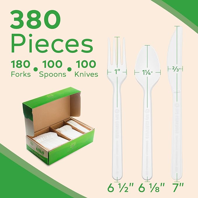Compostable Cutlery Set, Plant-Based Compostable Utensils Disposable, Dishwasher-Safe Compostable Silverware, 380-Piece Disposable Cutlery, Plant a Tree with Every Box, Ivory White