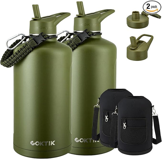 2 Pack 128 oz Insulated Water Bottle, Triple Wall Stainless Steel Flask, Keeps Drinks Cold for 48 Hrs Leak-Proof & BPA-Free Half Gallon Jug with Paracord Handle, Straw & Spout Lids(2 pack, Army Green)