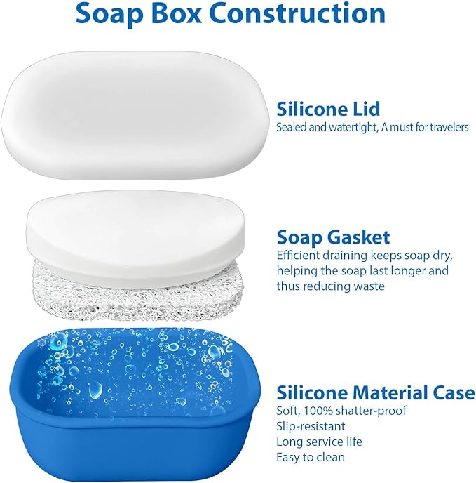 Leakproof Silicone Travel Soap Case with Drainage Layer, Silicone Bar Soap Holder Compact Portable Shatterproof Soap Container Box for Bathroom Gym Camp Travel Toiletries (KleinBlue, Clear Lid)