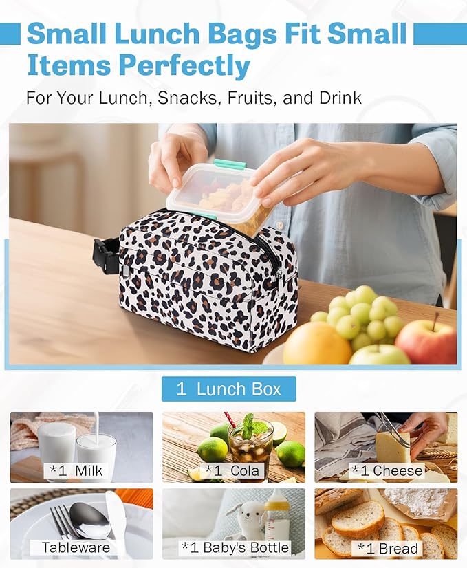 Small Insulated Snack Bag Lunch Box,Collapsible Reusable Small Lunch Bag with Snap Buckle Handle for Beach Travel Picnic,Leopard Print 5-Can(3L)