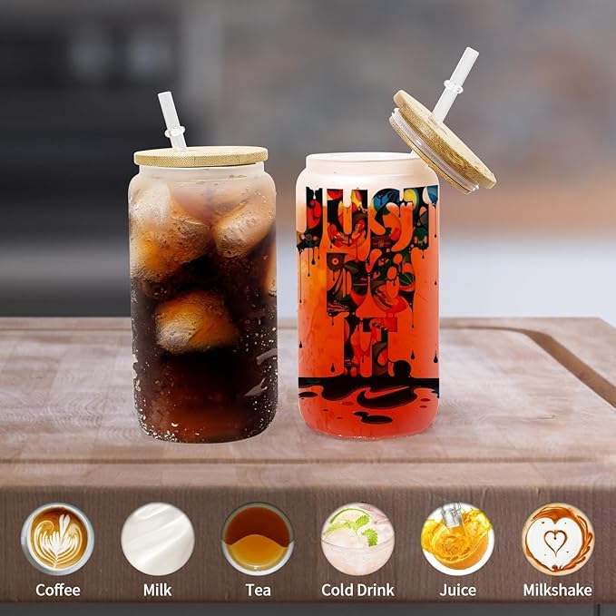 AGH Sublimation Glass Cup with Bamboo Lids and Straws 16oz Blanks Can Shaped Drinking Glasses 12Pack Frosted Beer cup for Iced Coffee, Milk, Juice.