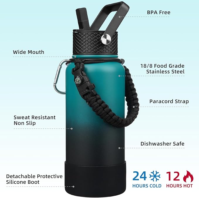 BJPKPK 32oz Insulated Water Bottles with 3 Lids, Paracord Handle & Non-slip Boot, Stainless Steel Metal Water Bottle,Reusable BPA Free Thermal Flasks, Tumblers, Army Green & Black