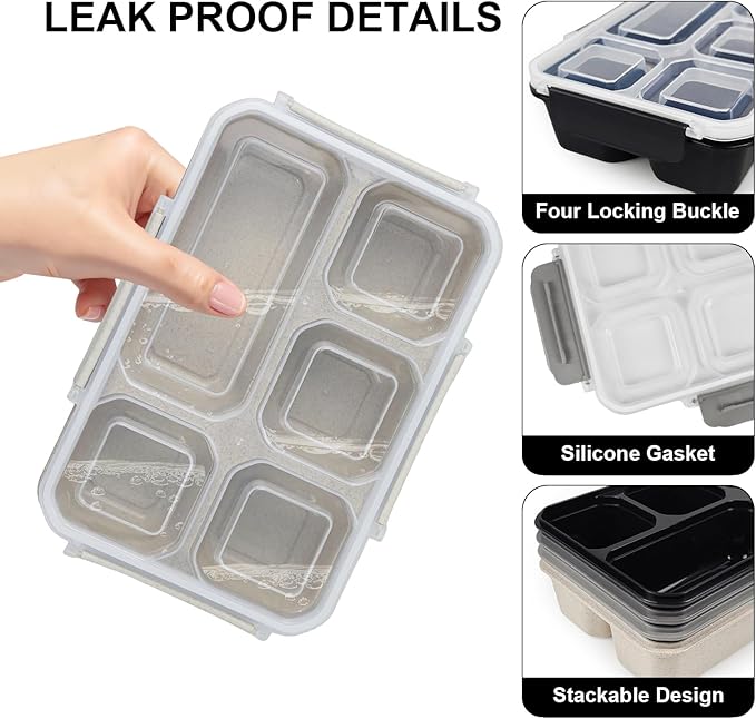 greenandlife 4 Pack Bento Lunch Box Set for Kids Adults, 5 Compartment Reusable Wheat Straw Meal Prep Food Storage Snack Containers, Stackable Snack box, Microwave and Dishwasher Safe, Grey+Black