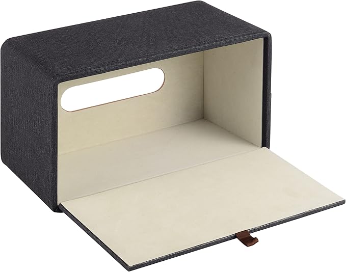High-end Pu Leather Tissue Box Holder Two Color Combination-Linen and Wood Grain,Rounded Rectangle Napkin Paper Case Dispenser for Home Bathroom Dresser Offices Car Tissue Cover (Black)