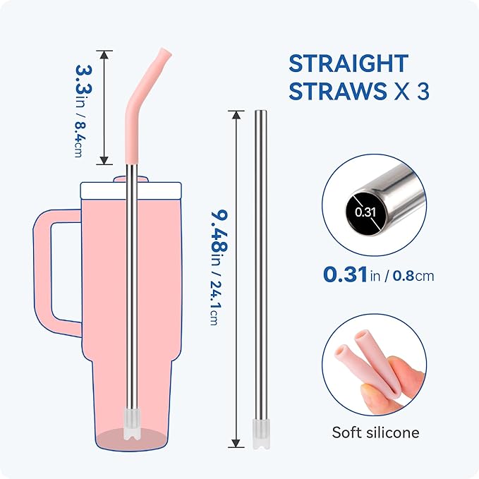 Reusable Metal Straws with Silicone Tip for Stanley 30oz,Stainless Steel Drinking Straws for 30oz Tumbler,3 Straight Tubes & 6 Tips& 1 Cleanr Brush (Tropical Teal)