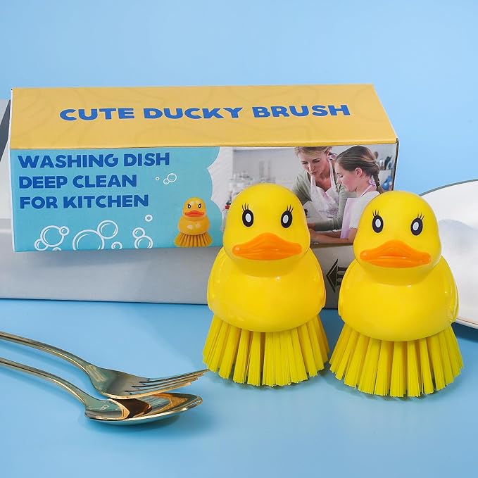 GTOTd Cute Ducky Washing Dish Brush（2 Pack） Ergonomic Palm Scrubber with Handle for Potato Vegetable Fruit Best Small Kitchen Gadgets Gifts Accessories Stuff Household Cleaning Dishwashing Supplies