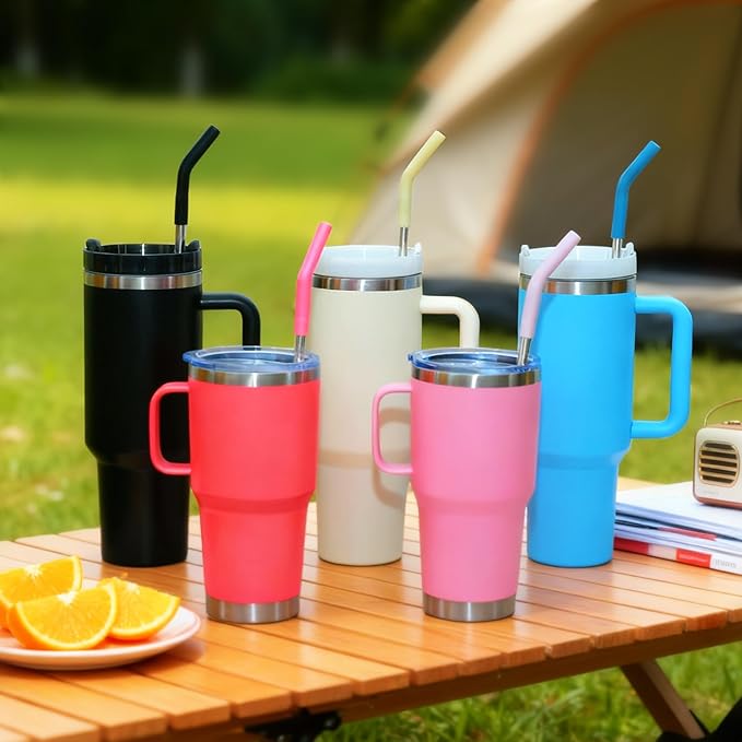 Set of 5 Stainless Steel Straws for 30 Oz Tumbler,For Stanley 30 Oz Tumbler, Reusable Metal Straw with 10 Silicone Tips and 2 Straw Cleaning Brush （5 colours 2, 30oz）