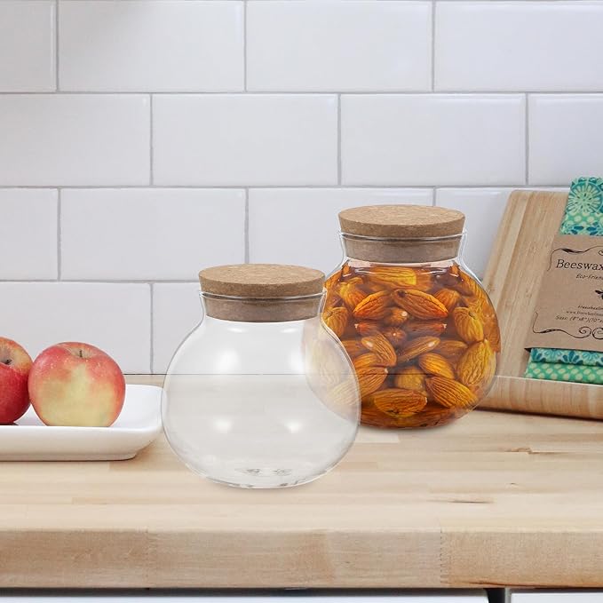BESPORTBLE 2pcs Airtight Glass Jars with Wooden Cork Lids Spherical Canisters for Food Storage Preserving Freshness of Candy Tea Snacks and Pantry Ingredients