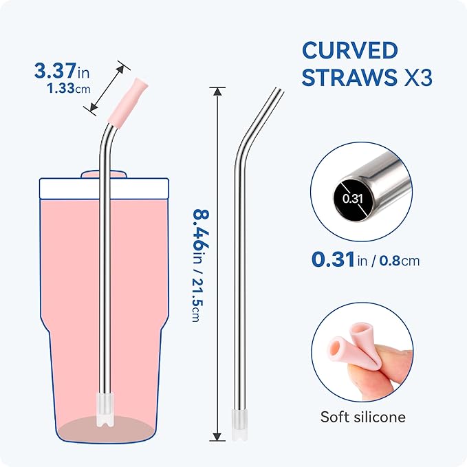 Reusable Metal Straws with Silicone Tip for Stanley 20oz,Stainless Steel Drinking Straws for 20oz Tumbler,3 Bent Tubes & 6 Tips& 1 Cleanr Brush(Tropical Teal)