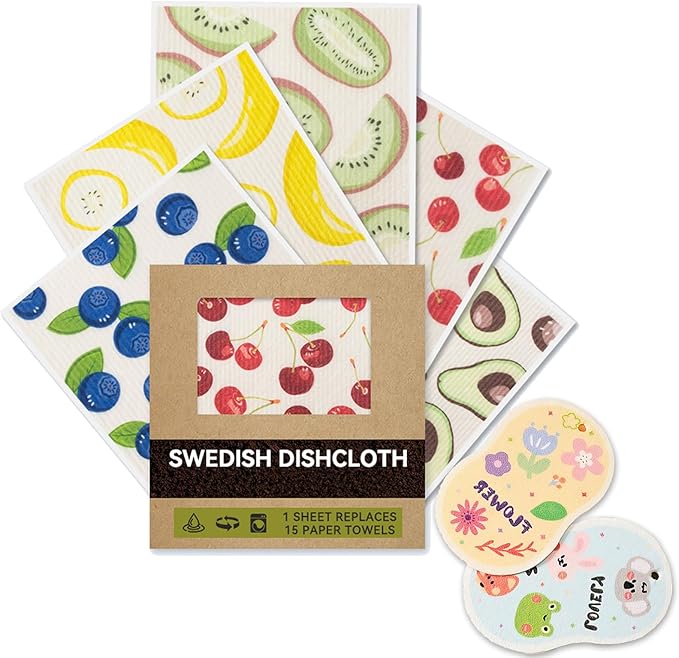 Swedish Dishcloths for Kitchen, 5 Large Square Super Absorbent Washable Paper Towels with 2 Small Thick Reusable Swedish Dish Cloths, Quick Drying Cleaning Rags