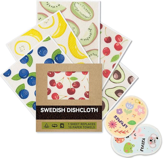 Swedish Dishcloths for Kitchen, 5 Large Square Super Absorbent Washable Paper Towels with 2 Small Thick Reusable Swedish Dish Cloths, Quick Drying Cleaning Rags