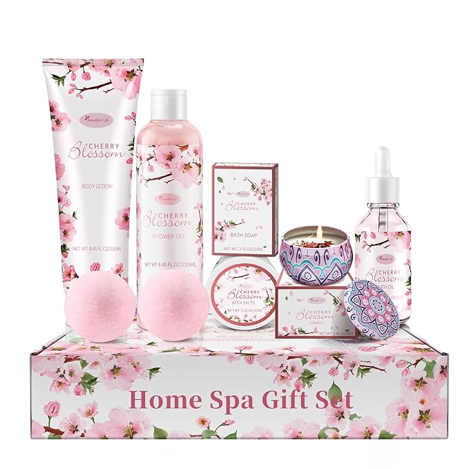 Bath and Body Gift Set for Women - Luxurious Home Spa Gift Set,Japanese Cherry Blossom 7-Piece Set Including Shower Gel,Body Lotion,Bath Oil,Bath Salt,Soap,Bath Bombs and Candle