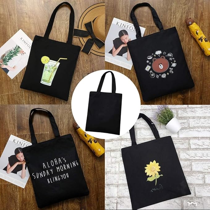 Faylapa 5 Pack Canvas Tote Bags, Heavy Duty Reusable Grocery Shopping Bag 13.6"x 15.3" Blank Cotton Bags for Decorating Christmas Crafts DIY, Painting(Black)