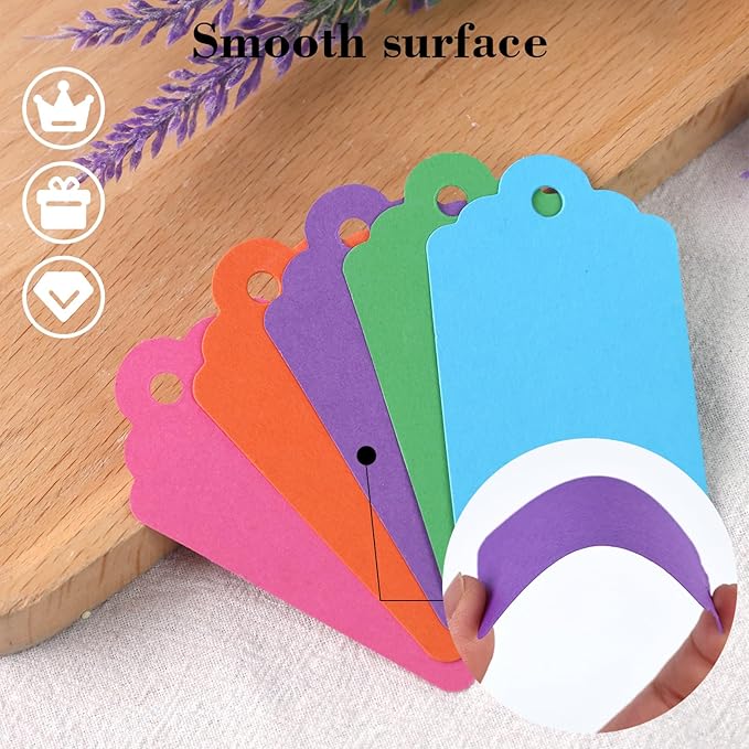 SallyFashion 120PCS Gift Tags with String Attached, 1.6 x 2.8 inch Colored Paper Hang Tags for Clothes DIY Crafts Wedding Holiday
