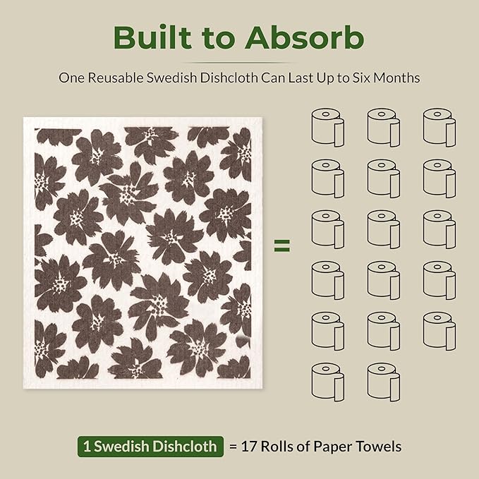 MosJos Swedish Dishcloths, Vintage Plant-Based Cellulose, 6.7x7.5 Inch, Super Absorbent, Multi-Surface, Machine Washable, Reusable, 5 Pack (Brown White)