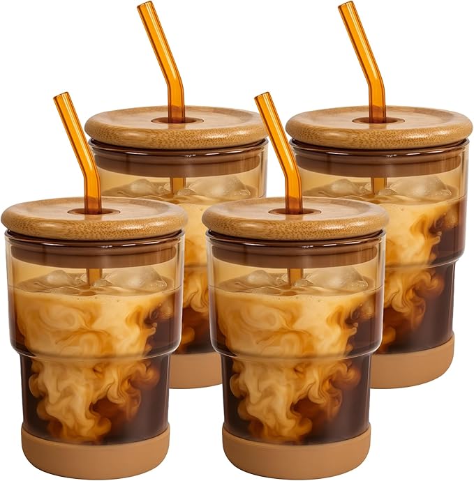 Zukro 13 oz Glass Iced Coffee Cups with Bamboo Lid and Straw for Office/Home/Work, Zero Plastic, Thick Wall Glass Water Tumbler With Silicone Bottom, Matcha Glasses, ECO Friendly, Amber 4 Pack