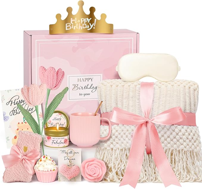 Birthday Gifts for Women - 13PCS Unique Happy Birthday Gifts Basket for Mom Her Best Friend Sister Wife Girlfriend Coworker - Relaxing Spa Self Care Package Get Well Soon Gifts Set (Rose)