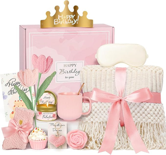 Birthday Gifts for Women - 13PCS Unique Happy Birthday Gifts Basket for Mom Her Best Friend Sister Wife Girlfriend Coworker - Relaxing Spa Self Care Package Get Well Soon Gifts Set (Rose)