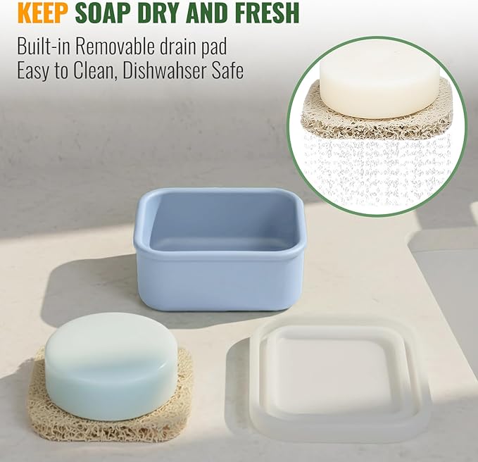 Shampoo Bar Travel Case with Draining Pad | Leakproof Silicone Small Travel Soap Case | Ultra-Compact for Gym, Camping, Business Trip (Baby Blue)