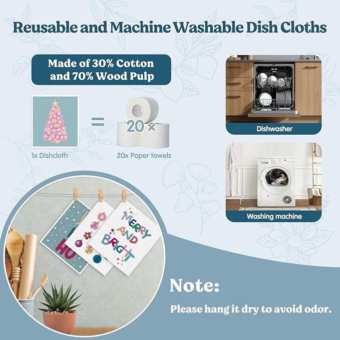 Christmas Swedish Dishcloths for Kitchen, Pink Christmas Xmas Tree Winter Kitchen Dish Towels for Washing Dishes, 4 Pack Reusable Paper Towels, Sponge Cloths for Home Cleaning Baking Cooking