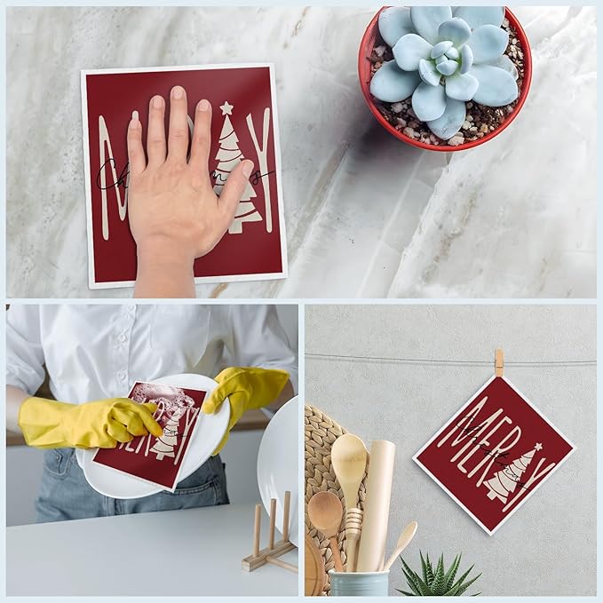 Swedish Dishcloths for Kitchen, Christmas Xmas Red Dish Rags Kitchen Dish Towels for Washing Dishes, 4 Pack Reusable Paper Towels, Sponge Cloths for Winter Holiday Home Cleaning Baking Cooking