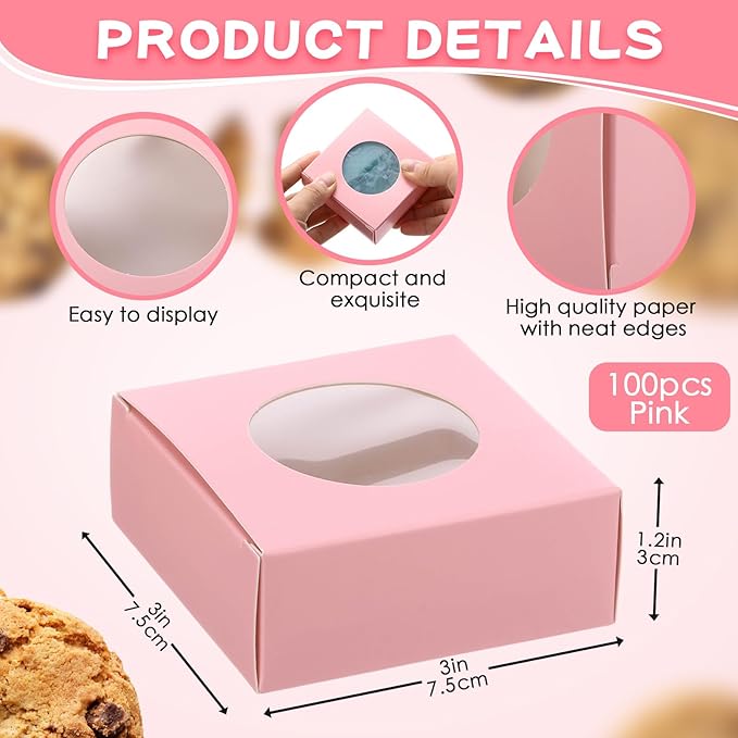 TaoBary 100 Pcs Soap Boxes for Homemade, 3 x 3 x 1.2 Inch Small Paper Gift Packaging Boxes with Window, Gift Wrappers for Soap Packaging Making Party Favor(Round,Pink)