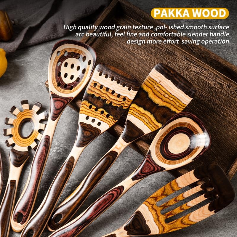 Gudamaye 7-Piece Brown Pakkawood Utensils Set – Sturdy, Eco-Friendly, Wooden Spoons for cooking, Wooden Utensil for cooking, Wooden Kitchen Tool, Home & Kitchen Gifts for Men and Women - Image 5