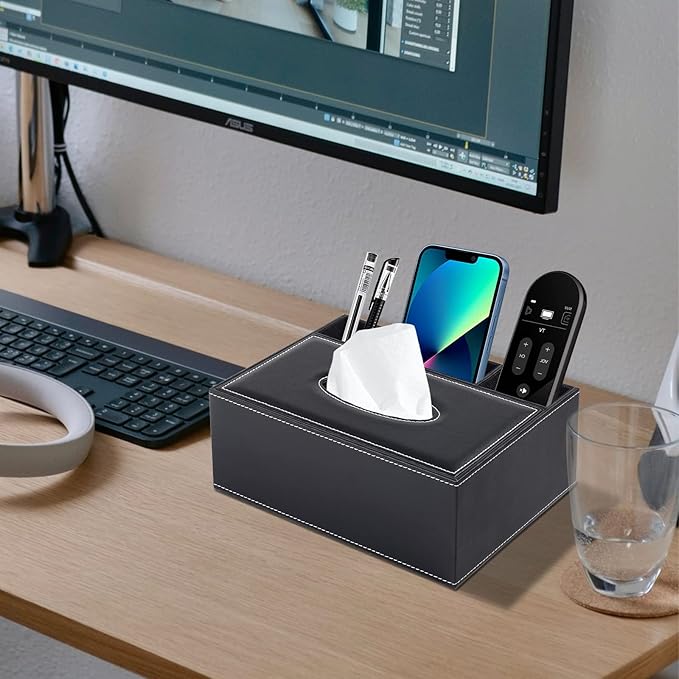 Multifunction PU Leather Tissue Box Cover Rectangular Upgrade Large Size Stationery Napkin Remote Control Holder Storage Box,Facial Tissue Dispenser Desk Organizer Caddy Home Office Supplies (Black)