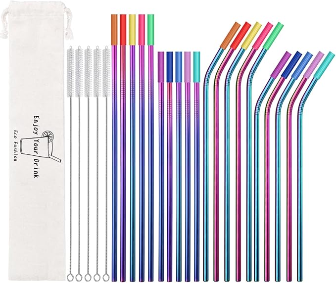 20 Pcs Rainbow Color Reusable Stainless Steel Straws,10.5" & 8.5" Reusable Drinking Straws with 20 Silicone Tips 5 Straw Brushes 1 Travel Case,Eco Friendly Extra Long Metal Straw for 20 30 oz Tumbler