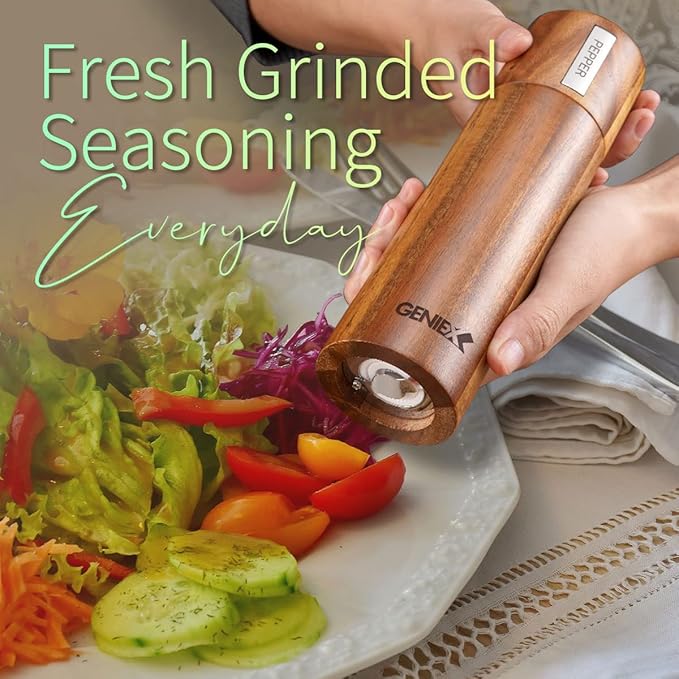 KING Acacia Salt Pepper Wood Grinders, Wooden Salt and Pepper Grinder Set, Refillable and Adjustable, 8" Tall Manual Salt Pepper Grinder Mill 2pcs, Cool House Warming Gift and Home Gifts