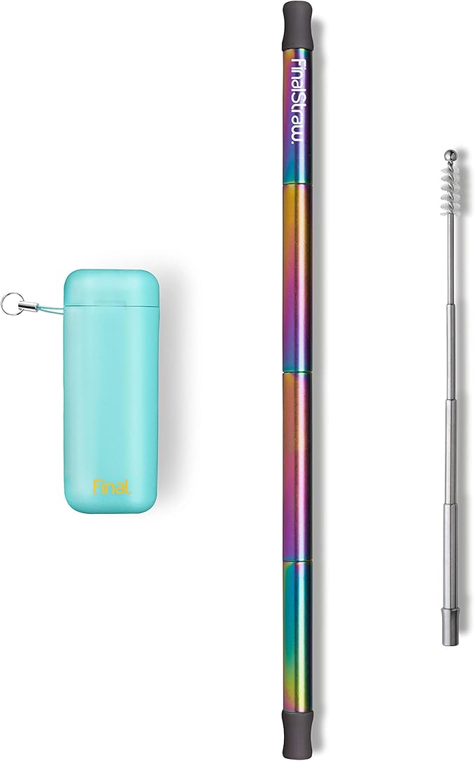 FinalStraw Collapsible, Reusable, Metal Straw | Travel Case, Cleaning Tool | Easy to Clean | Stainless Steel and 100% Silicon Tips | Eco-Friendly | Sea Tur-Teal Case, Rainbow Stainless Steel