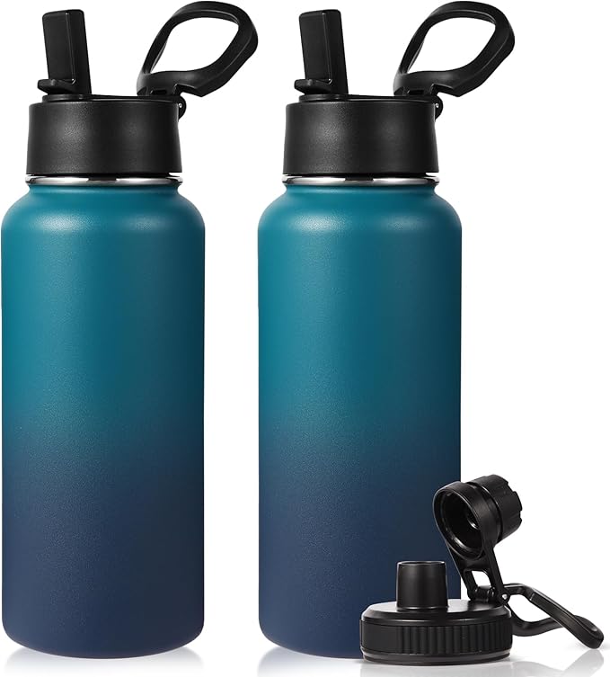 Neihepal 32 oz Insulated Water Bottles with 2 Lids (Straw & Spout Lid), 18/8 Stainless Steel Double Wall Water Bottle for Gym, Travel, Camping, Sports (Dark Night,2 Pack)