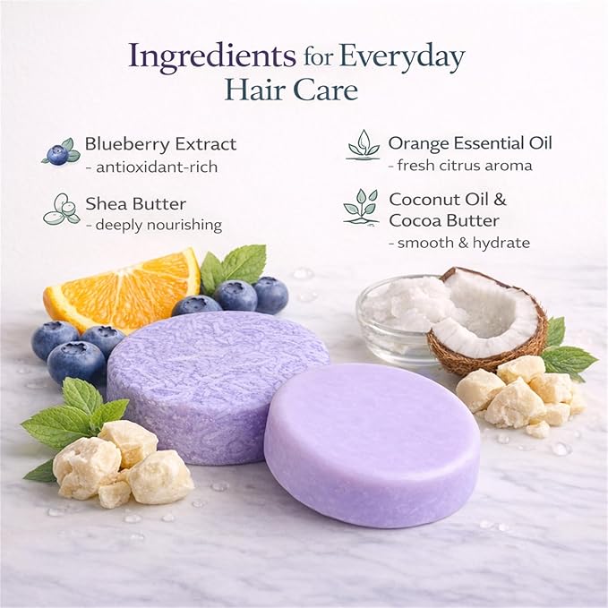 Blueberry Fields Shampoo & Conditioner Bar Bundle, Solid Hair Care Bars with Blueberry Extract, Shea Butter & Orange Essential Oil, Helps Reduce Breakage, Tame Frizz & Support Scalp Health (1, Set)