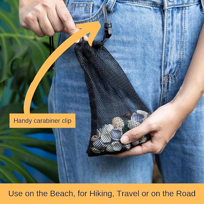 PALTERWEAR Mesh Drawstring Bag With Clip and Toggle Closure - For Watersports, Outdoor, Gym - Multi-Use Set of 4 (Black, 6 x 8 inch)