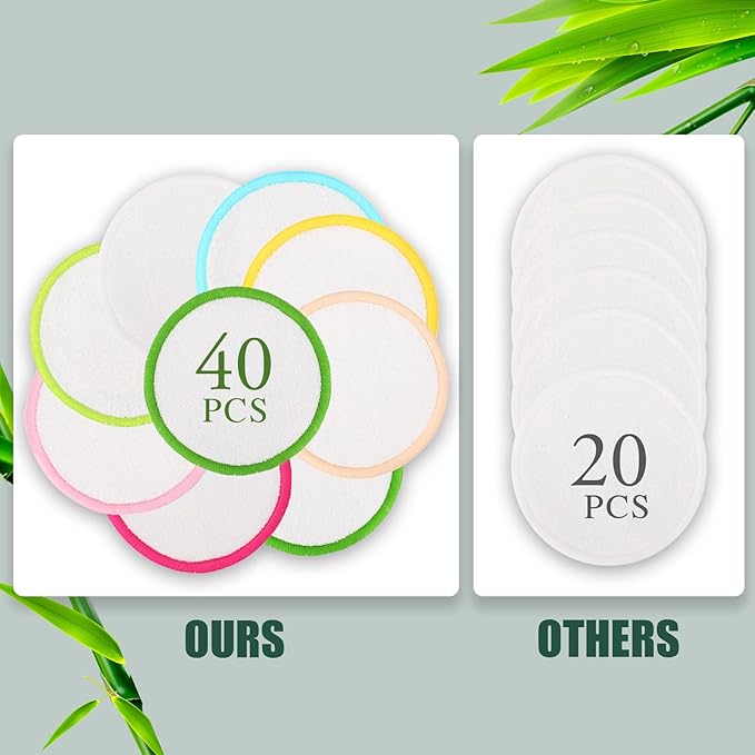 XSEINO Reusable Makeup Remover Pads(40 Pack) with Washable Natural Bamboo Fiber Material,Natural Bamboo Cotton Pad,for All Skin Types