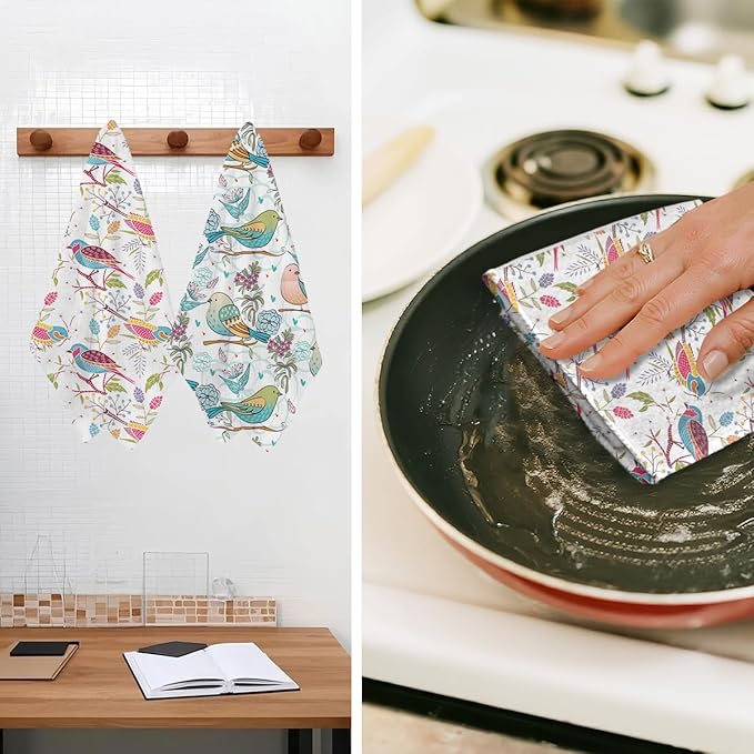 Jztco 2 Pcs Vintage Bird Kitchen Towels 24x14 Inch, Spring Flower Seamless Pattern Hand Towels for Kitchen Bathroom Decor, Absorbent Microfiber Dish Cloth Tea Towel, Home Gifts for Women