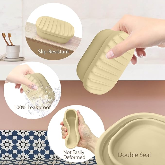 Leakproof Silicone Travel Soap Case with Drainage Layer, Silicone Bar Soap Holder Compact Portable Shatterproof Soap Container Box for Bathroom Gym Camp Travel Toiletries (Sand, Drainage Lid)