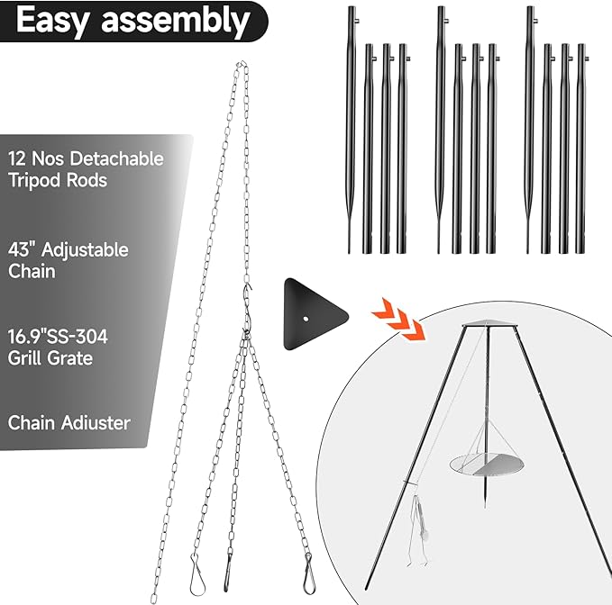 Campfire Tripod for Cooking, Campfire Cooking Equipment, Round Grill Grate with Adjustable Height for BBQ Picnic Outdoor Cookware Party & Collapsible Legs for Easy Storage
