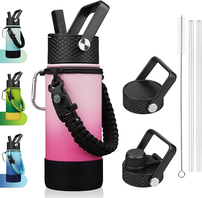 BJPKPK Water Bottle with Straw Lid, 18oz Insulated Water Bottles with 3 Lids, Paracord Handle & Non-slip Boot, Metal Stainless Steel Thermal Flasks, BPA Free Leak Proof Cups, Tumblers,Cherry