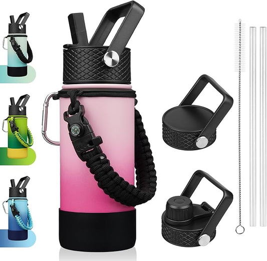 BJPKPK Water Bottle with Straw Lid, 18oz Insulated Water Bottles with 3 Lids, Paracord Handle & Non-slip Boot, Metal Stainless Steel Thermal Flasks, BPA Free Leak Proof Cups, Tumblers,Cherry