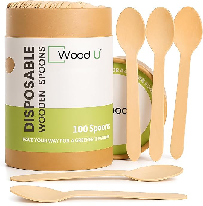 Disposable Wooden spoon by WoodU | 100% All-Natural, Eco-Friendly, Biodegradable, and Compostable - Pack of 100-6.5" best wooden spoons for eating