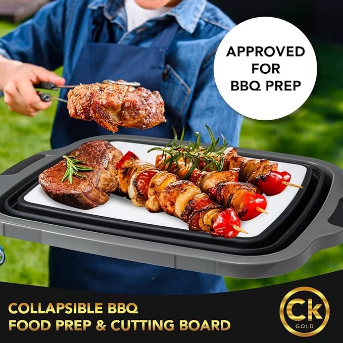 New XL Collapsible BBQ Prep Tub with LOCKING Lid, Cutting Board & Drain Hole | BPA-Free, Food-Grade, Recyclable, Space-Saving Caddy for Grilling, Camping, Kitchen & Outdoor Cooking (Black, 16 Liters)