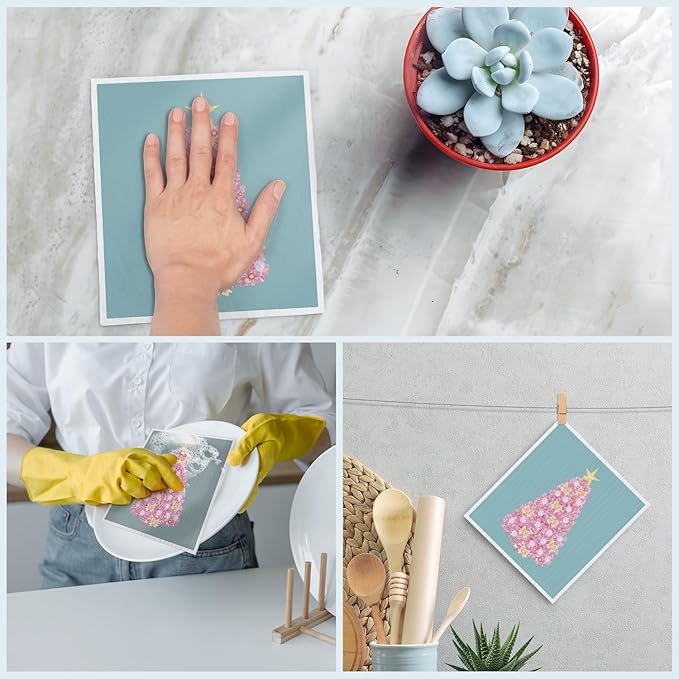 Christmas Swedish Dishcloths for Kitchen, Pink Christmas Xmas Tree Winter Kitchen Dish Towels for Washing Dishes, 4 Pack Reusable Paper Towels, Sponge Cloths for Home Cleaning Baking Cooking