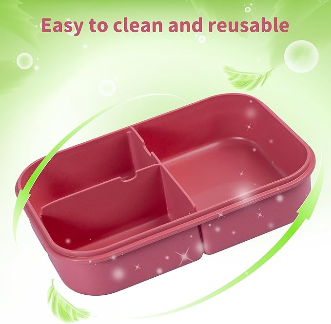 Wheat Straw Lunch Box - Leakproof Bento Box for Kids & Adults, BPA-Free 3-Compartment Food Containers, Microwave & Dishwasher Safe (Muted Red, 5.5 Cup)