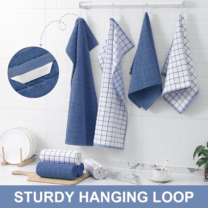Homaxy Premium Cotton Kitchen Towels 16"x 28", Large Natural Ring Spun 390 GSM Dish Towels, Super Absorbent Terry Kitchen Hand Towels, Soft Tea Towel with Hanging Loop, Navy Blue Check Design, 8 Pack