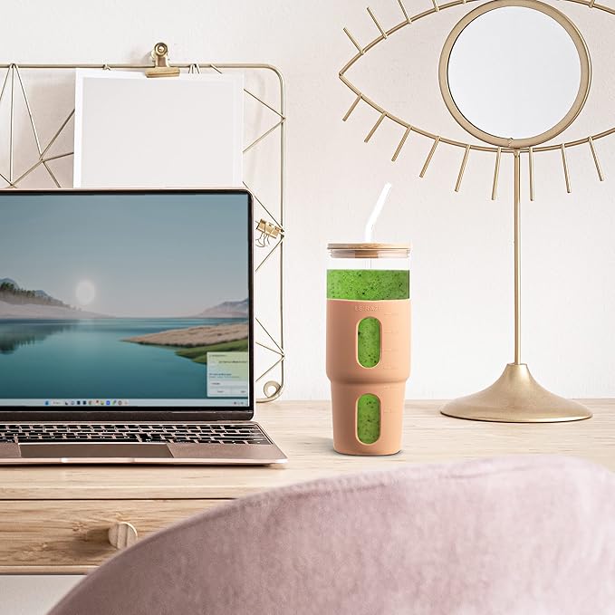 32oz Drinking Glass Tumbler with Bamboo Lid and Straw - Silicone Sleeve - Fits Car Cup Holder - Reusable Boba Smoothie Cup, Spill Proof Travel Water Bottle, Iced Coffee Tumbler, BPA Free - Amber.