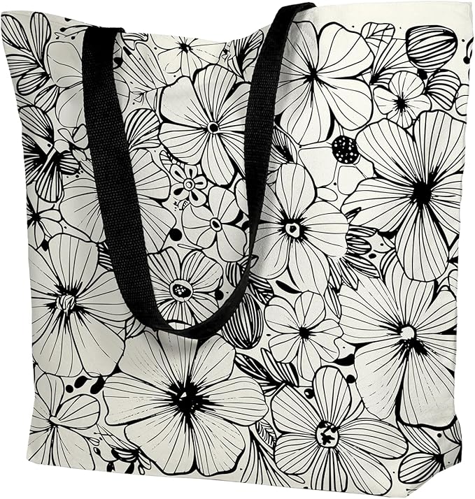 Large Tote Bag for Women, Floral Grocery Tote with Snap Thick Canvas Both Side Pattern, Gift Daily Use Shopping Travel Picnic