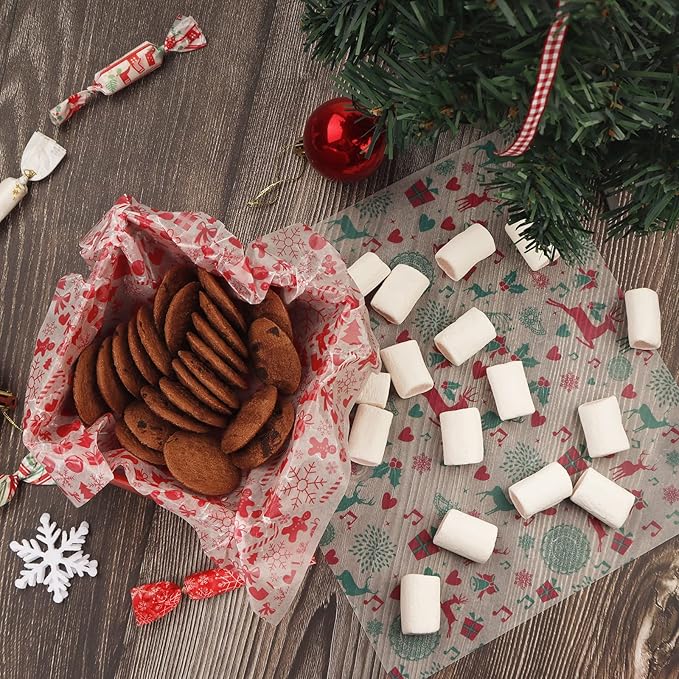 YBB 100Pcs Christmas Deli Wax Paper Sheets for Food, Basket Liners Food Picnic Paper Sheets Greaseproof Deli Wrapping Sheets, 10 x 8.6 Inch (Christmas)